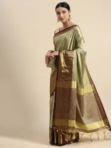 DWINI Beige & Brown Woven Design Zari Silk Cotton Dharmavaram Saree