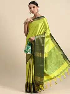 DWINI Lime Green & Green Woven Design Zari Silk Cotton Dharmavaram Saree