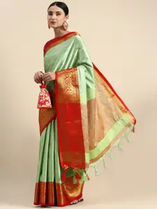 DWINI Sea Green & Red Woven Design Zari Silk Cotton Dharmavaram Saree