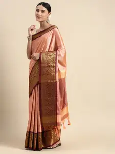 DWINI Peach-Coloured & Brown Woven Design Zari Silk Cotton Dharmavaram Saree