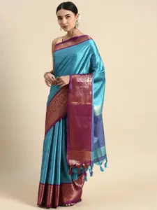 DWINI Blue & Pink Woven Design Zari Silk Cotton Dharmavaram Saree