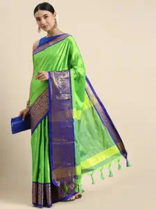 DWINI Green & Blue Woven Design Zari Silk Cotton Dharmavaram Saree
