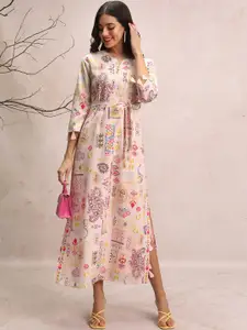 Vishudh Peach-Coloured Ethnic Motifs Printed Tie-Ups A-Line Maxi Dress