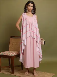 Vishudh Pink Shoulder Straps Embroidered A-Line Maxi Dress With Jacket