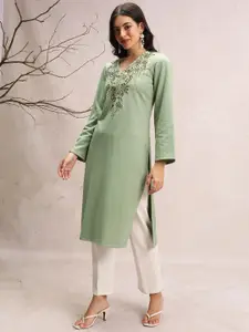 Vishudh Winter Floral Embroidered V-Neck Straight Kurta