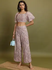 Vishudh Floral Printed Square Neck Crop Top With Trousers