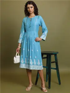 Vishudh Blue Floral Embroidered Tie-Up Neck A-Line Midi Dress
