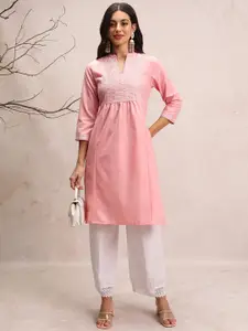 Vishudh Ethnic Motifs Yoke Design Thread Work Mandarin Collar Straight Kurta