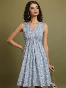 Vishudh Blue Floral Printed Empire Dress
