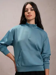 Tokyo Talkies High Neck Relaxed Drop Shoulder Sleeves Half Zipper Pullover Sweatshirt