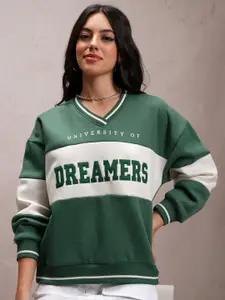 Tokyo Talkies Typography Printed Oversized Varsity Pullover Sweatshirt