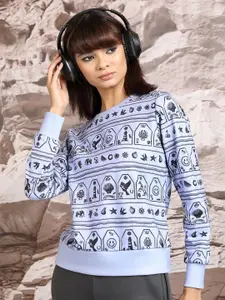 Tokyo Talkies Blue Conversational Printed Round Neck Sweatshirt