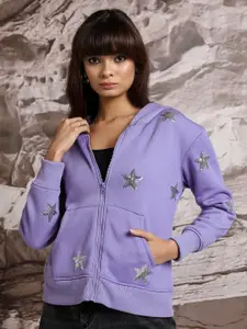 Tokyo Talkies Purple Printed Sequinned Hooded Relaxed Fit Sweatshirt