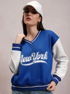 Tokyo Talkies Blue Typography Printed Drop-Shoulder Sleeves Relaxed Fit Sweatshirt