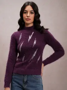 Tokyo Talkies Purple Embellished High Neck Acrylic Pullover