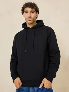 Styli Black Hooded Drop-Shoulder Sleeves Fleece Relaxed Fit Sweatshirt