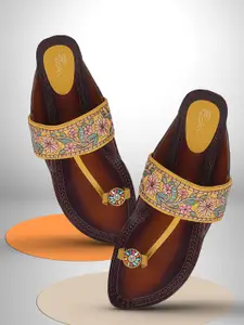 Picktoes Ethnic Embellished Pure Leather One Toe Flats