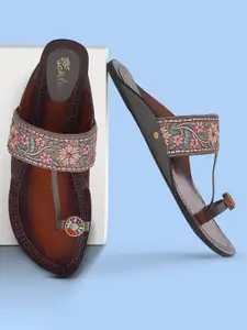 Picktoes Ethnic Embellished Pure Leather One Toe Flats