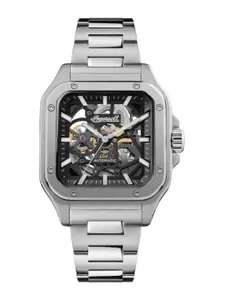 Ingersoll Men Black Skeleton Dial & Silver Toned Stainless Steel Straps Analogue Automatic Motion Powered Watch