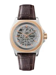 Ingersoll Men Silver-Toned Skeleton Dial & Brown Leather Straps Analogue Automatic Motion Powered Watch
