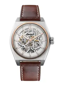 Ingersoll Men White Skeleton Dial & Brown Leather Straps Analogue Automatic Motion Powered Watch I14302