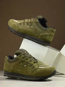 AIRBELL Men Olive Green Leather Running Non-Marking Shoes