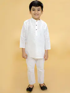 BAESD Infant Boys Floral Embroidered Chikankari Pure Cotton Kurta with Pyjamas