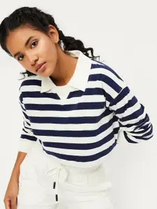 max Horizontal Striped Shirt Collar Cuffed Sleeves Pure Cotton Shirt Style Top