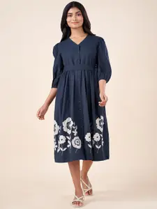 AKKRITI BY PANTALOONS Floral Embroidered Puff Sleeve Belted Cotton Fit & Flare Midi Dress
