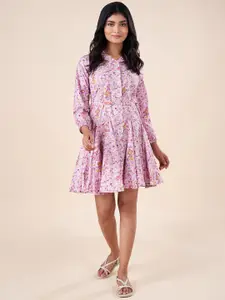 AKKRITI BY PANTALOONS Floral Printed Shirt Collar Belted Cotton Fit & Flare Dress