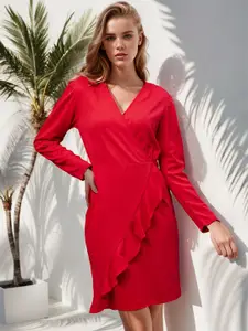 RARE Red V-Neck Puff Sleeves Ruffled Wrap Dress