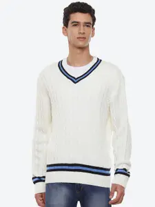 2Bme Cable Knit V-Neck Long Sleeves Cotton Pullover Sweater
