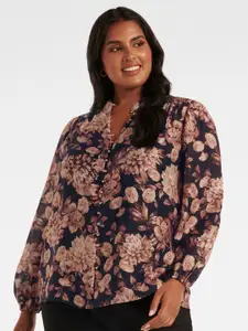 Forever New Plus Size Floral Printed Mandarin Collar Puff Sleeves Top