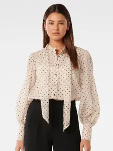 Forever New Polka Dots Printed Tie-Up Neck Shirt Style Top