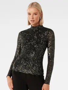 Forever New Black Embellished High Neck Fitted Top