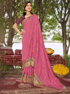 Satrani Pink Embroidered Art Silk Fusion Saree