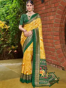 Satrani Yellow & Cream-Coloured Floral Foil Print Zari Art Silk Saree