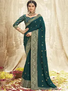 Satrani Green Embroidered Art Silk Fusion Saree