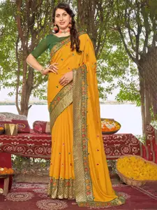 Satrani Yellow Embroidered Art Silk Fusion Saree