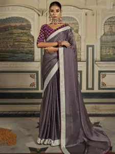 Satrani Grey & Purple Striped Zari Poly Chiffon Fusion Saree