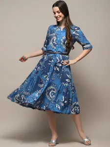 Biba Floral Printed Mandarin Collar A-Line Midi Dress