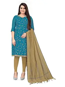 MANVAA Floral Embroidered Thread Work Chanderi Cotton Unstitched Dress Material