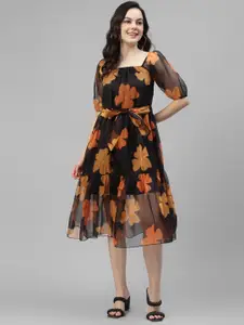 DEEBACO Floral Printed Puff Sleeve Fit & Flare Midi Dress