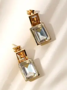 XPNSV Gold-Plated Crystal-Studded Square Drop Earrings
