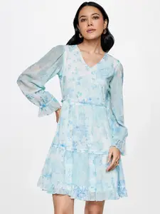 AND Floral Printed V-Neck Bell Sleeve Gathered Tiered Fit & Flare Dress