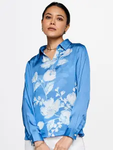 AND Blue Floral Print Shirt Style Top