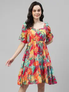 DEEBACO Floral Printed Bell Sleeves Tiered A-Line Dress