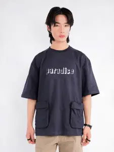 UNRL Pure Cotton Typography Printed Drop-Shoulder Sleeves Pockets T-shirt