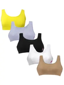 DChica Girls Pack Of 5 Full Coverage Cotton Workout Bra With All Day Comfort