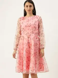 Ethnovog Floral Printed Boat Neck Fit & Flare Knee Length Dress